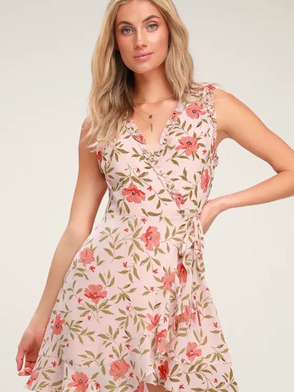 Lulus Women Pink Floral Ruffle Mini Wrap Dress Size Small S